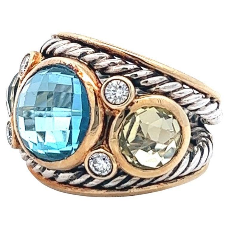 Women's or Men's Vintage David Yurman Topaz Prasiolite Diamond 18K Gold Silver Renaissance Ring