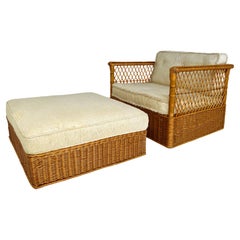Vintage Davis Allen McGuire Woven Rattan Chair and Ottoman, 2 Pairs Available