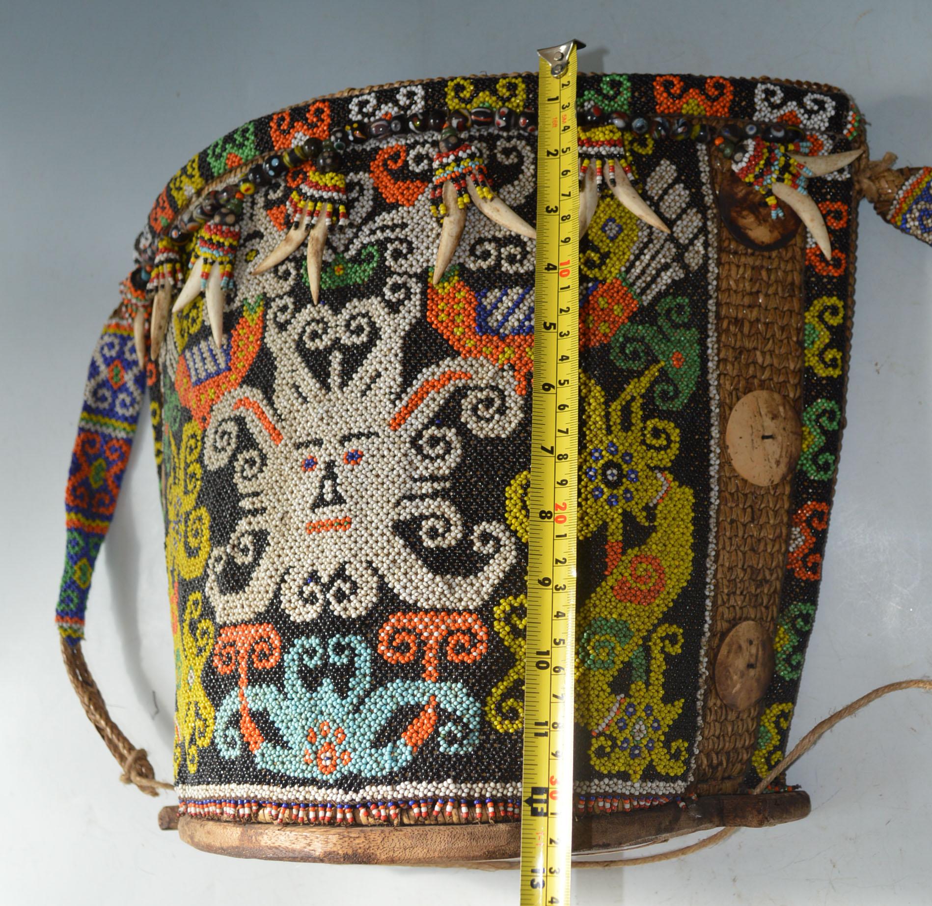 Hand-Crafted Vintage Dayak Tribal Beaded Decorated Baby Carrier Borneo Indonesia For Sale