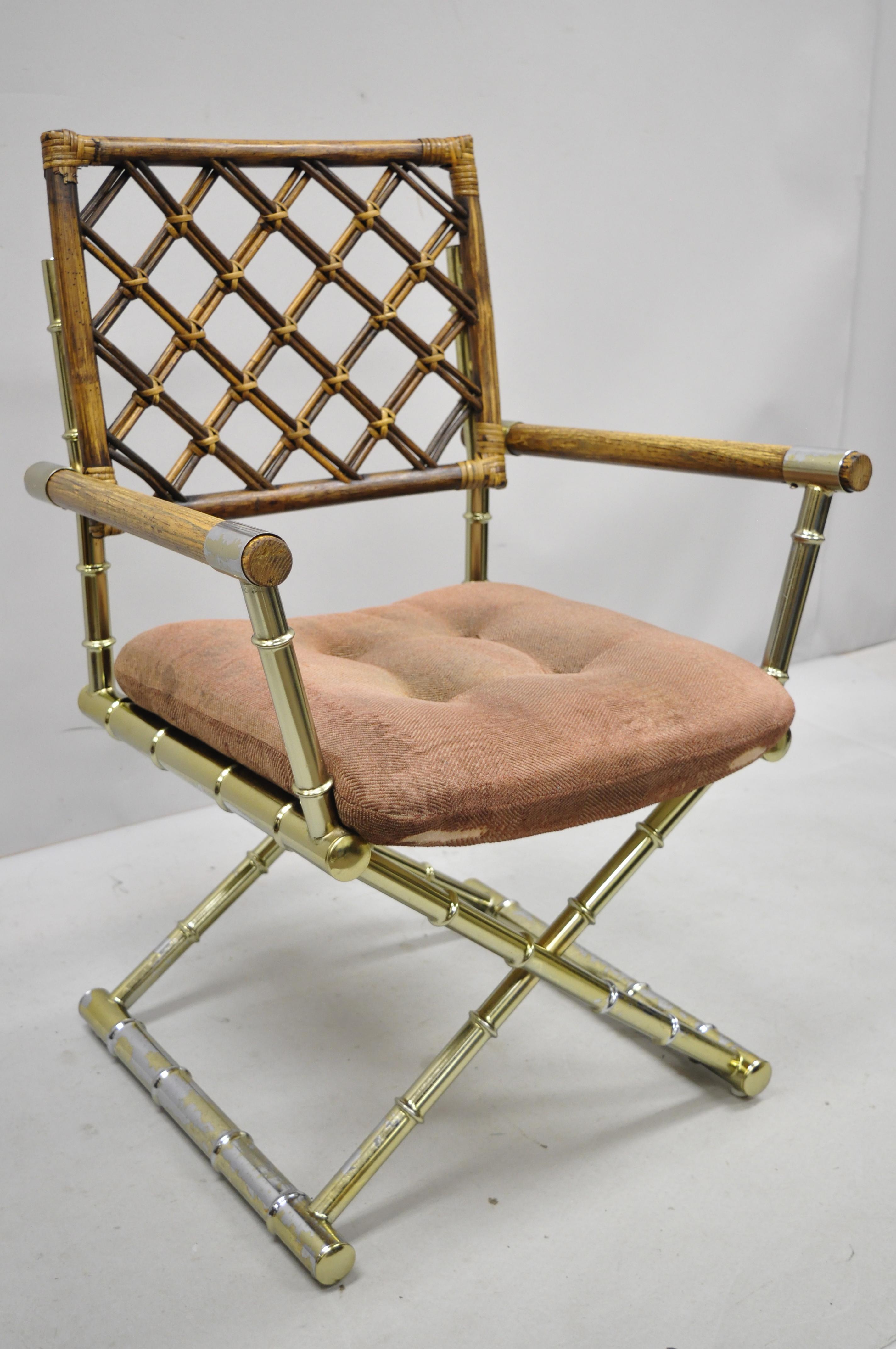 Vintage Daystrom brass faux bamboo Lattice rattan directors armchair gold.
Listing includes bamboo lattice back, brass plated metal X-form base, upholstered seat, great style and form, circa late 20th century. Measurements: 35.5