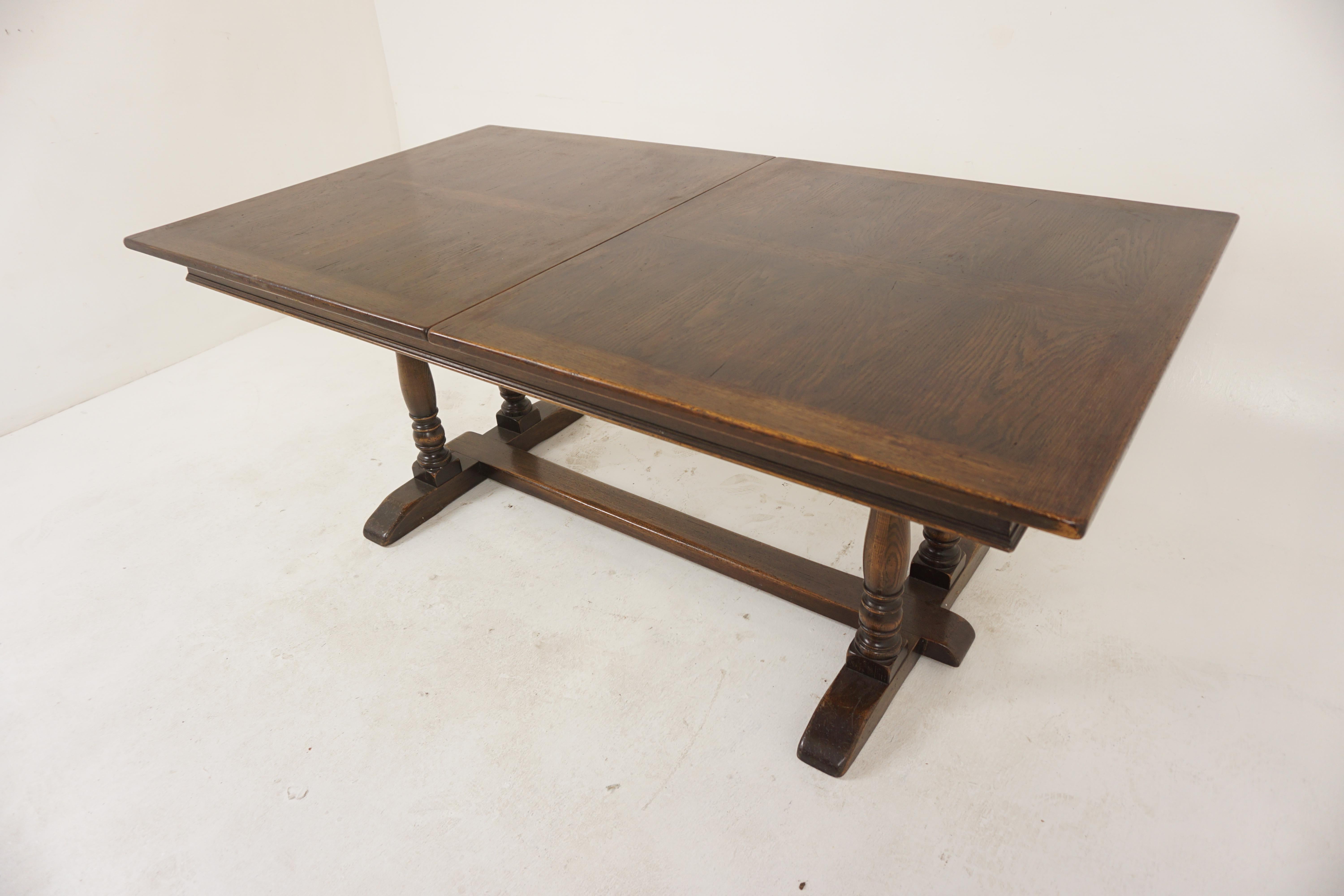 Vintage Double Pedestal Draw leaf Refectory, Farmhouse Table, Scotland 1930, H1174

Scotland 1930
Solid Oak and veneer
Original finish
Rectangular moulded top with parquet patterned design
Opens in the center by pulling on each end
Single leaf