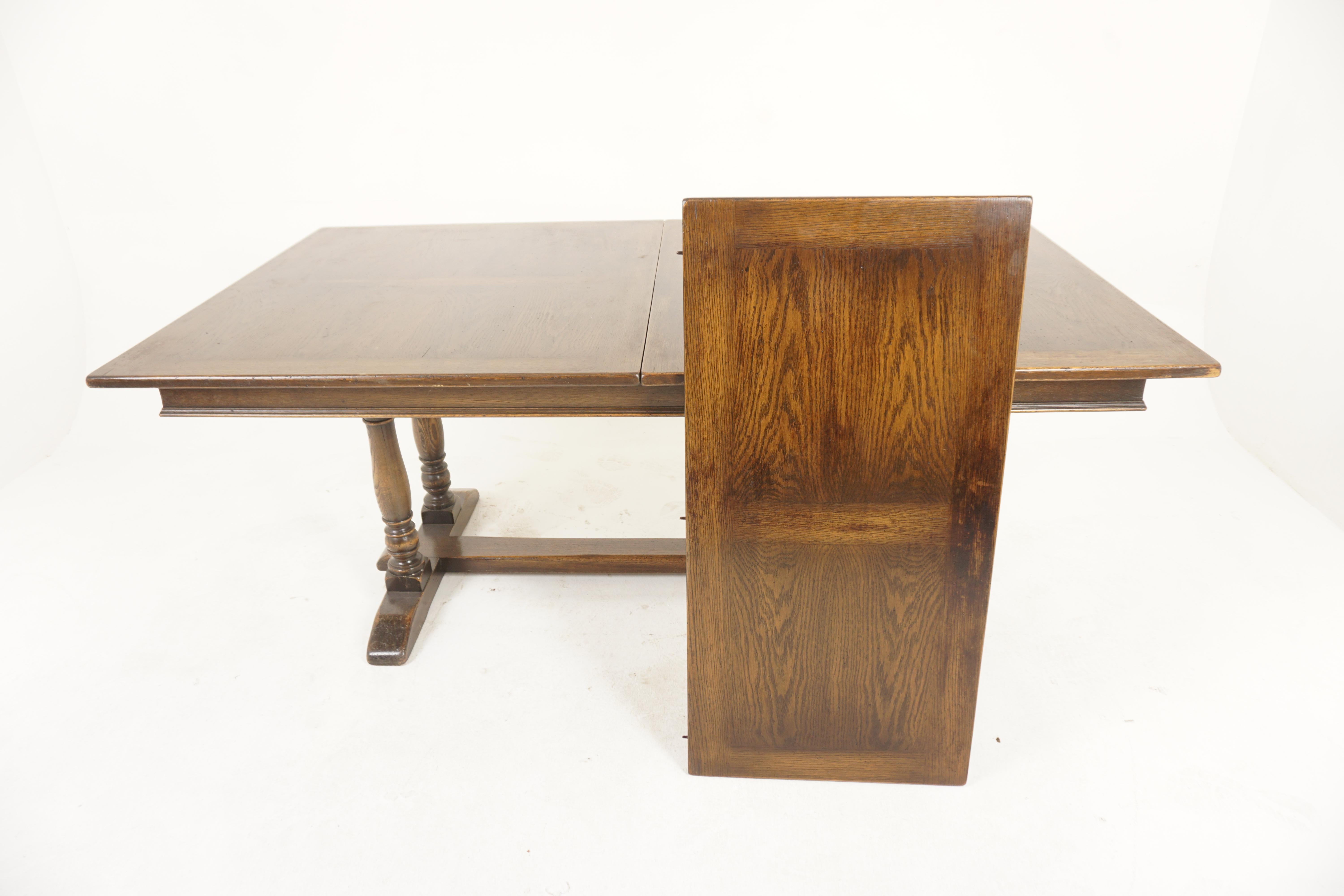 Vintage Dbl Pedestal Draw Leaf Refectory Farmhouse Table, Scotland 1930, H1175 In Good Condition In Vancouver, BC
