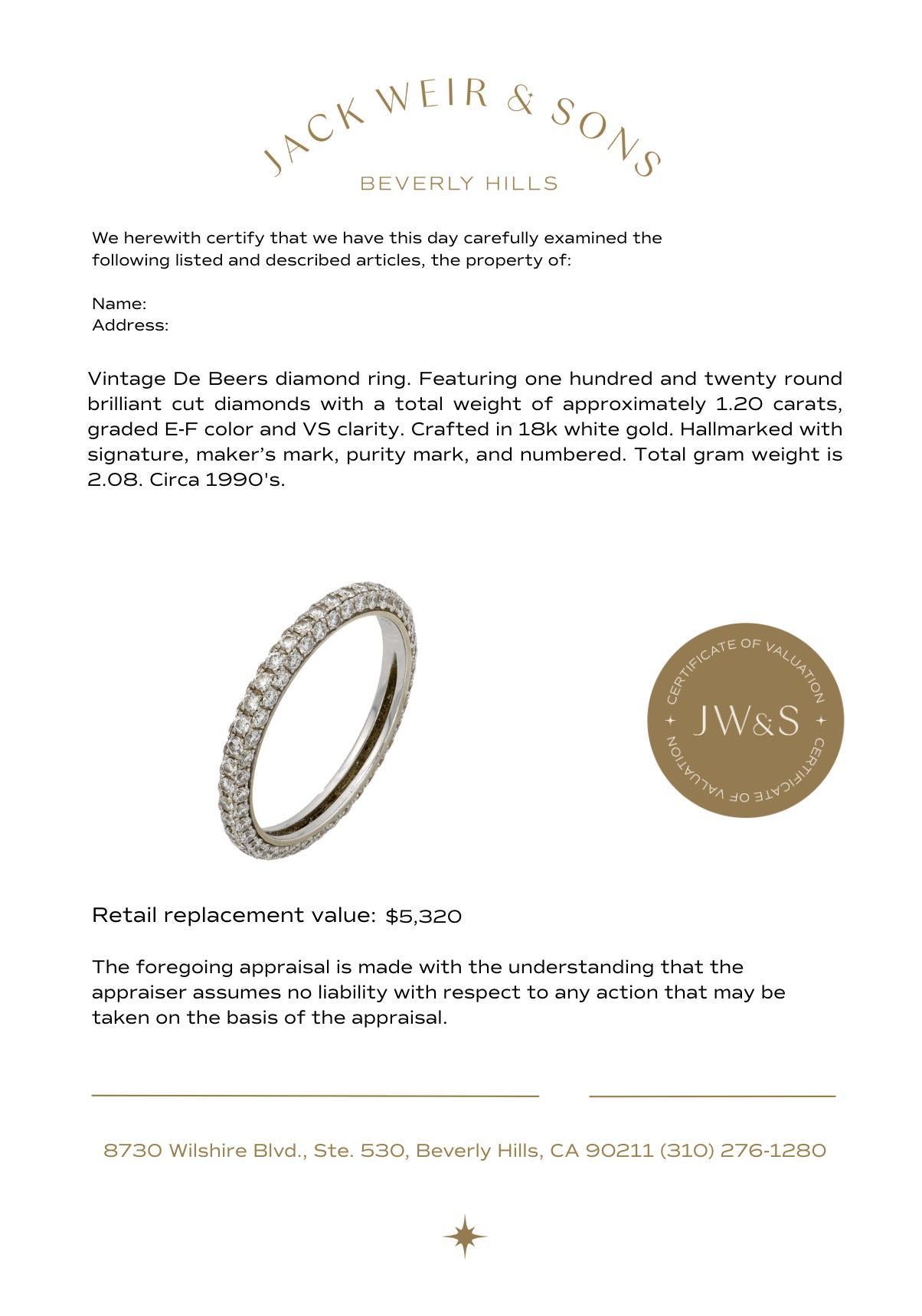 Vintage De Beers diamond 18k white gold pave band In Good Condition For Sale In Beverly Hills, CA