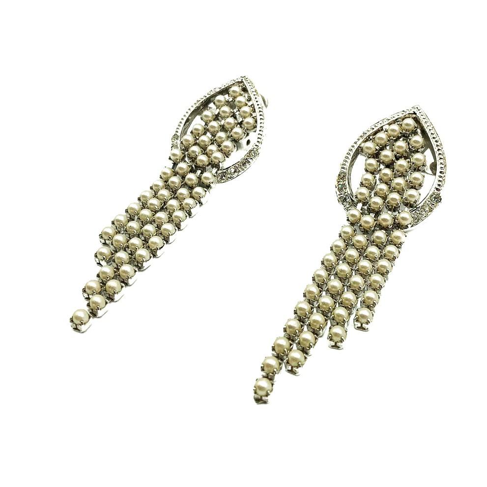 A pair of Italian Vintage De Liguoro Waterfall Earrings. Crafted in rhodium plated metal, set with crystals and claw set simulated pearls. Featuring a stylish crystal embellished teardrop frame from which a cascade of pearl set strands drops away.
