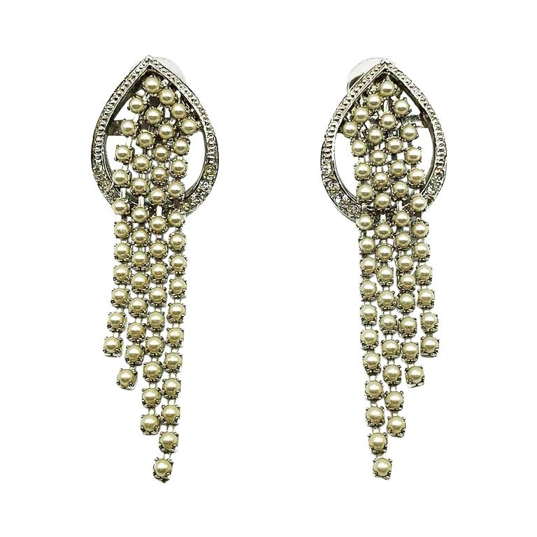 Vintage De Liguoro, Italy Pearl & Crystal Waterfall Earrings 1980s For Sale
