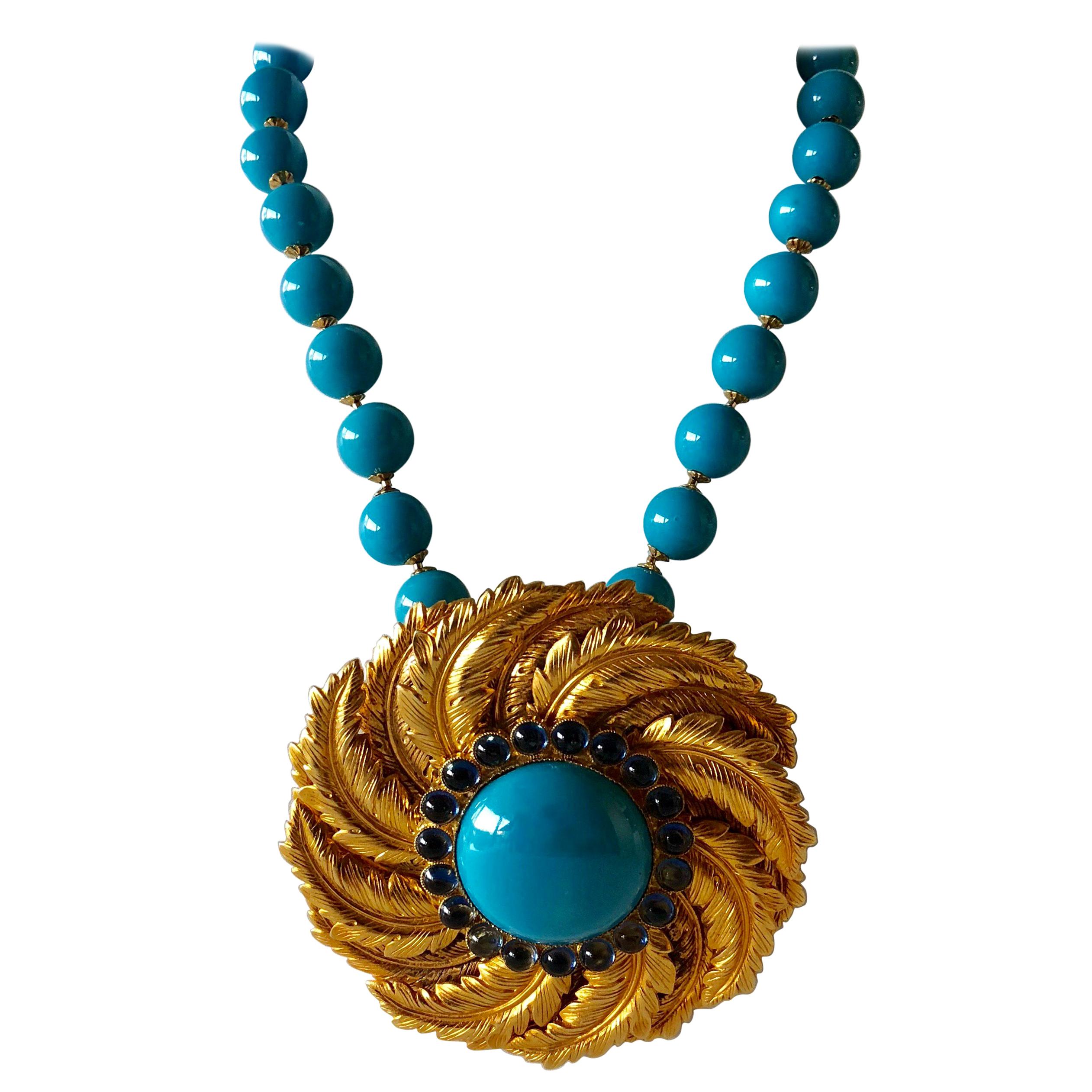 Vintage de Lillo Turquoise Gold Statement Pendant Necklace 