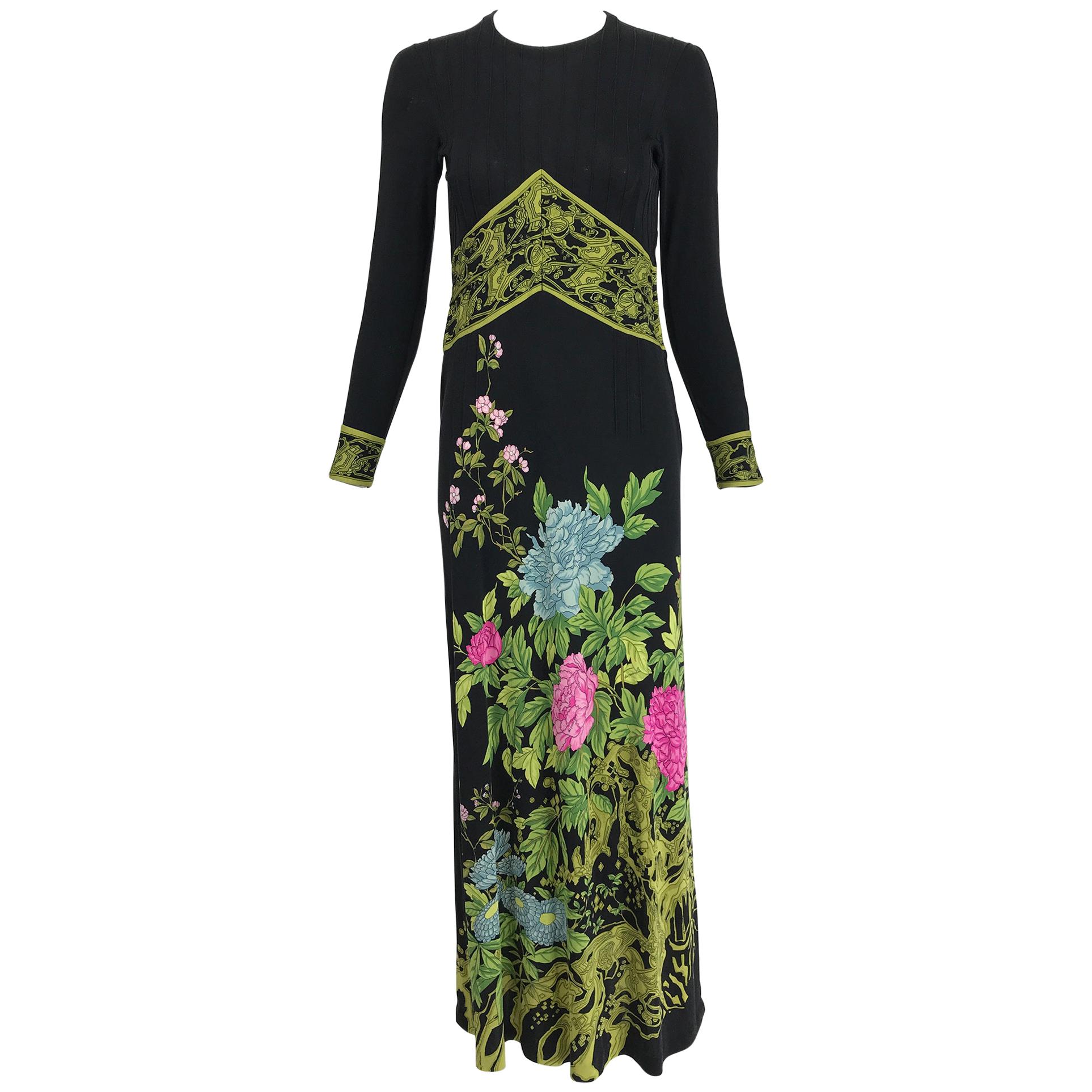 Vintage de Parisini Signed Silk Jersey Floral Print Maxi Dress 1960s