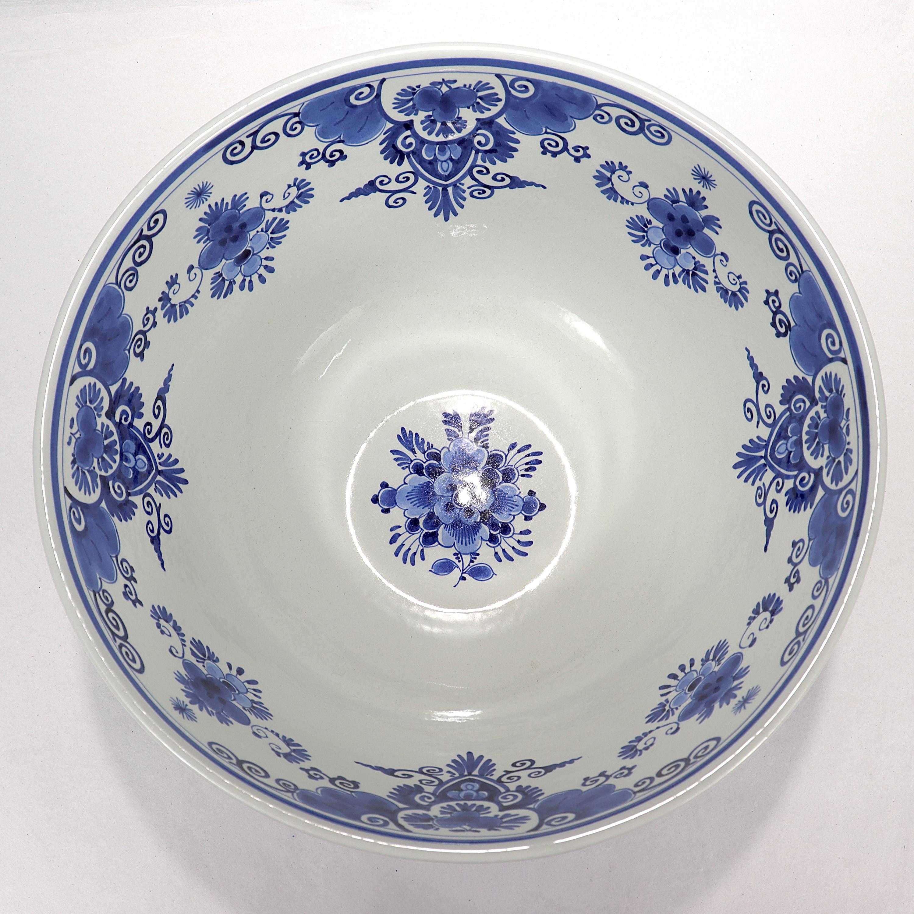 Vintage De Porceleyne Fles Dutch Delft Blue & White Pottery Punch Bowl 2