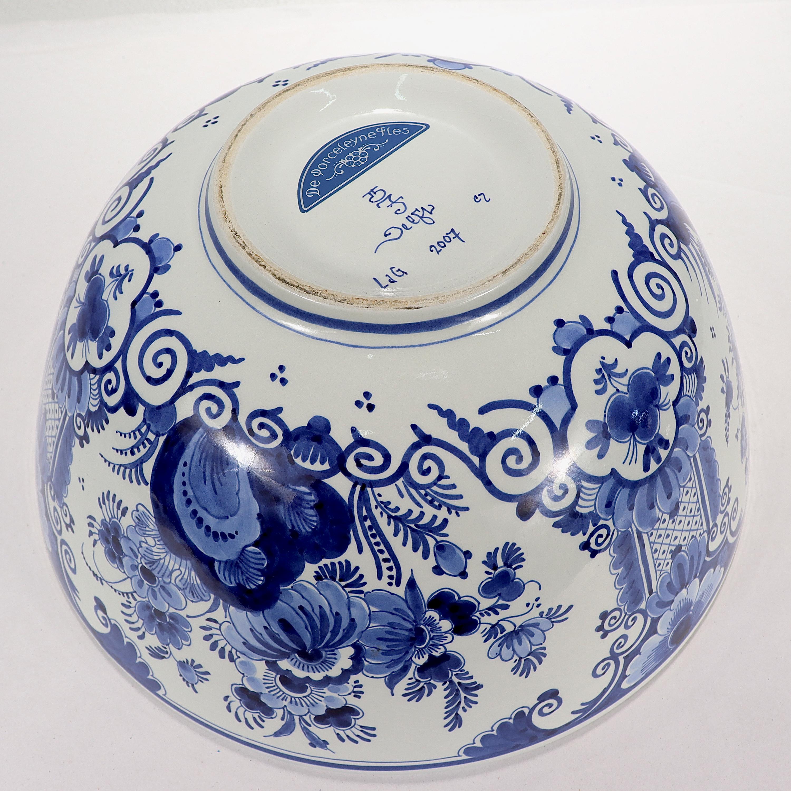 Vintage De Porceleyne Fles Dutch Delft Blue & White Pottery Punch Bowl 3