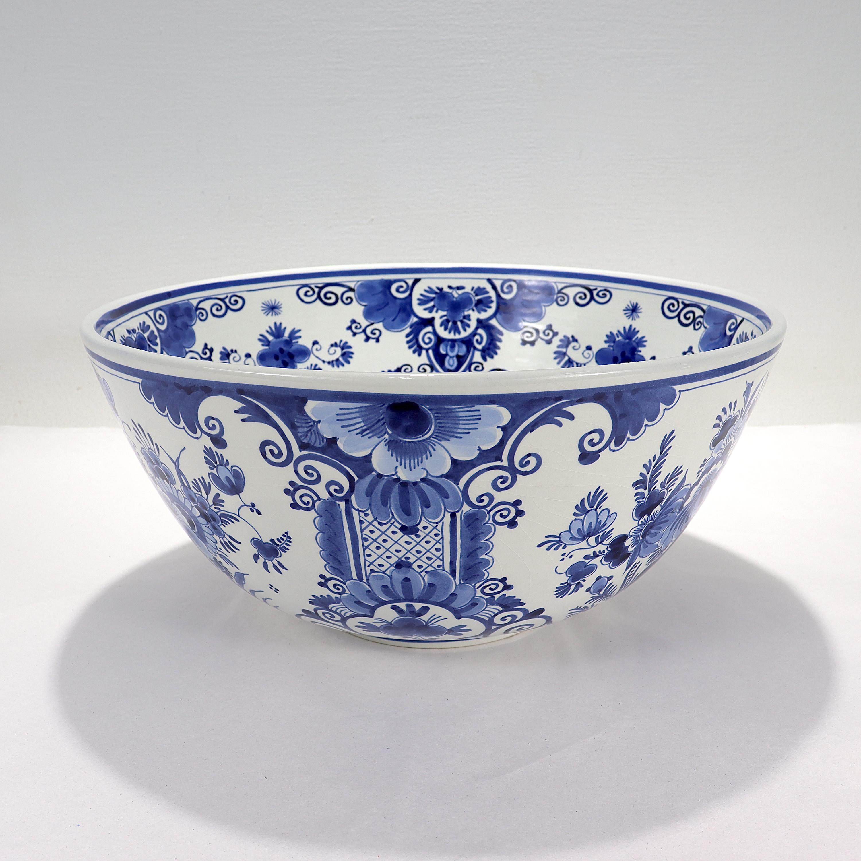 Baroque Vintage De Porceleyne Fles Dutch Delft Blue & White Pottery Punch Bowl