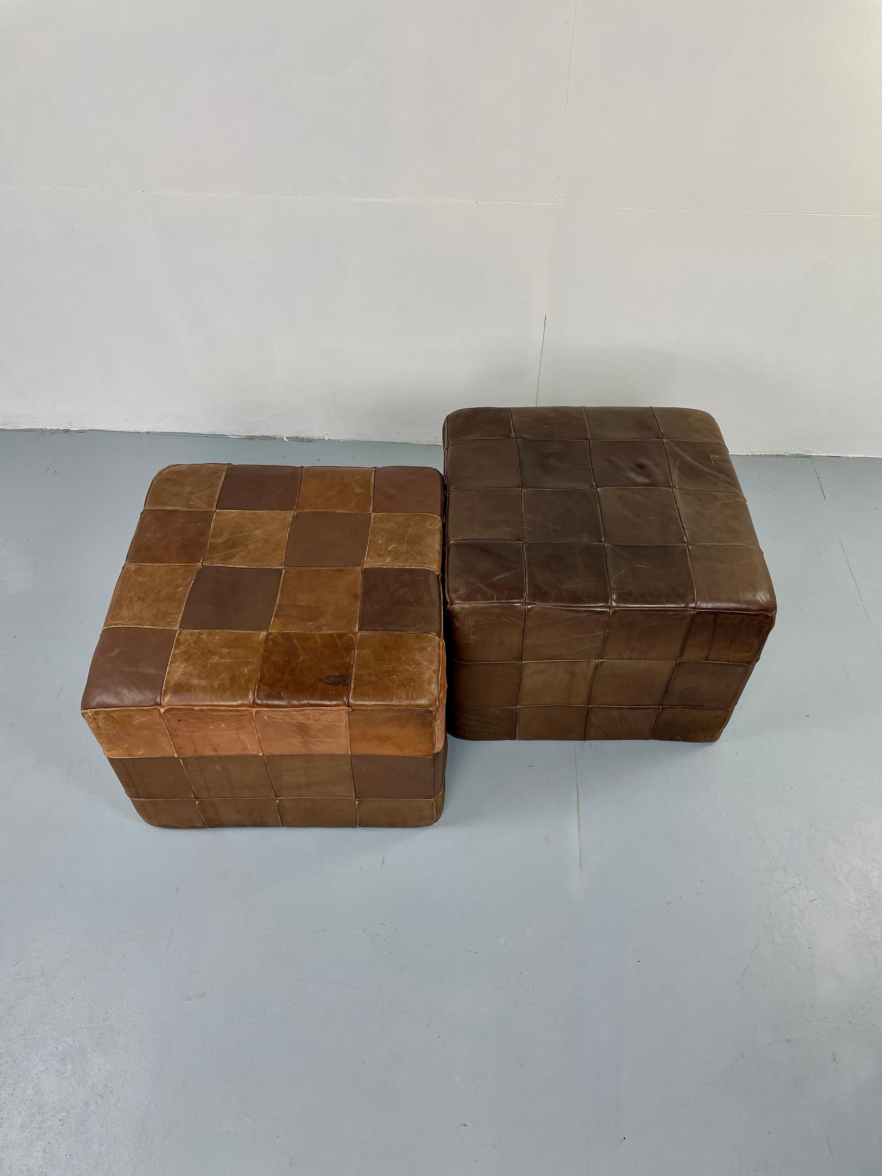 Hand-Crafted Vintage De Sede Brown Patchwork Leather Pouf, Ottoman, Switzerland DeSede Patina