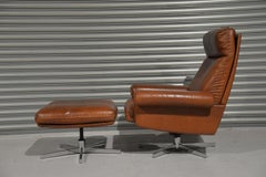 Vintage De Sede DS 31 High Back Leather Swivel Armchair with Ottoman, 1970s