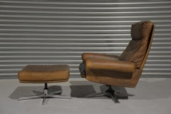 Vintage De Sede DS 31 High Back Leather Swivel Armchair with Ottoman, 1970s