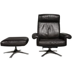 Vintage De Sede DS 31 High Back Leather Swivel Armchair with Ottoman, 1970s