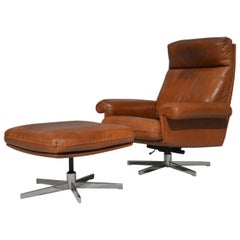 Vintage De Sede DS 31 High Back Leather Swivel Armchair with Ottoman, 1970s