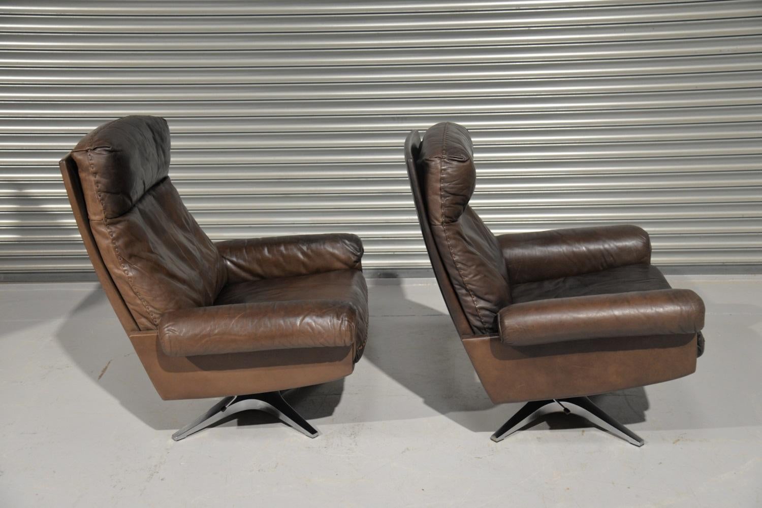 Late 20th Century Vintage De Sede DS 31 Highback Swivel Leather Armchairs, Switzerland, 1970s For Sale