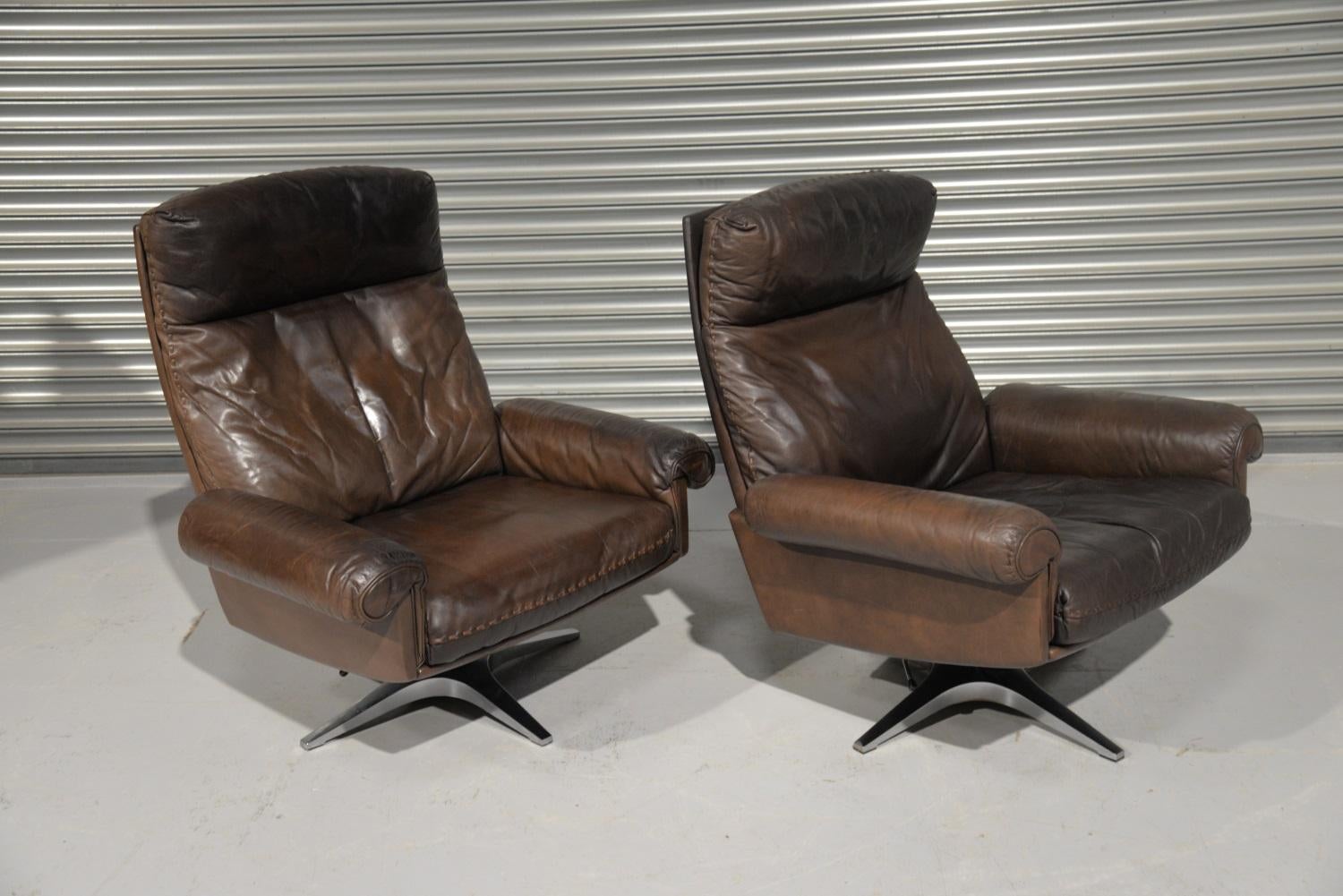 Late 20th Century Vintage De Sede DS 31 Highback Swivel Leather Armchairs, Switzerland 1970s For Sale