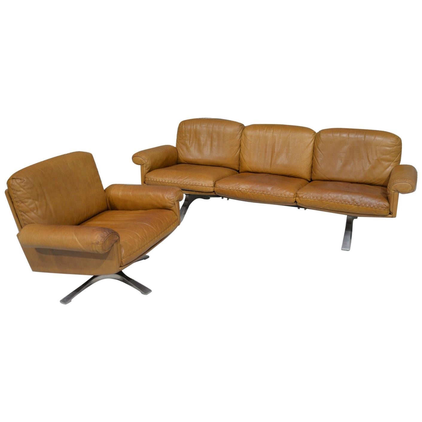 Vintage De Sede DS 31 Leather Sofa and Swivel Lounge Armchair, Switzerland 1970s