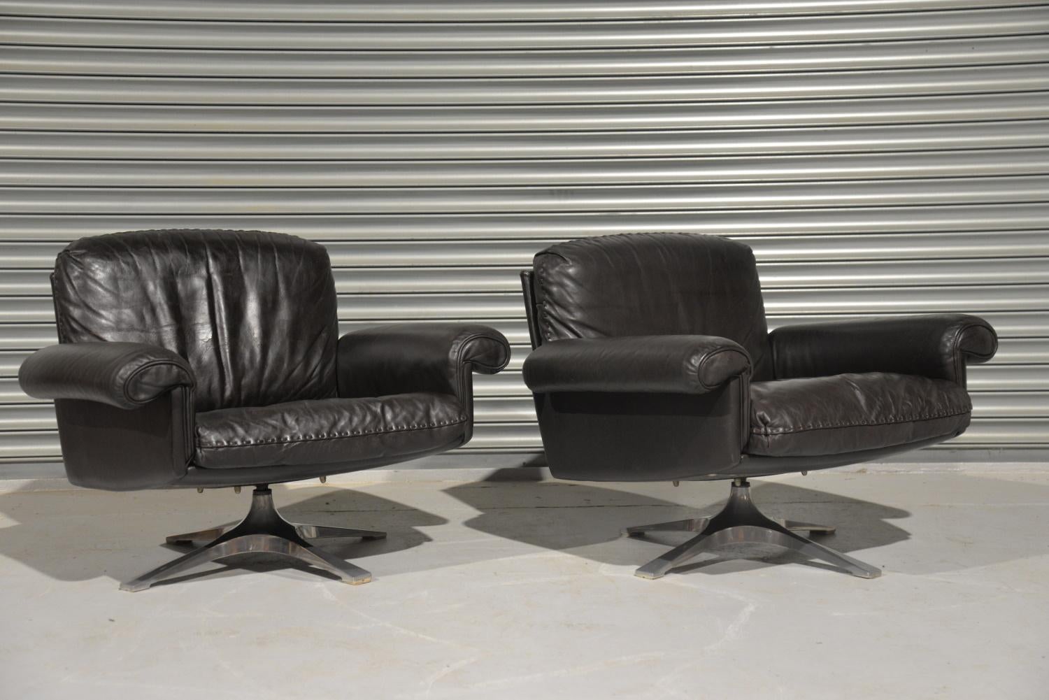 Vintage De Sede DS 31 Leather Swivel Lounge Armchairs, 1970s For Sale 6