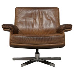 Retro De Sede DS 35 Swivel Leather Armchair, Switzerland, 1970s