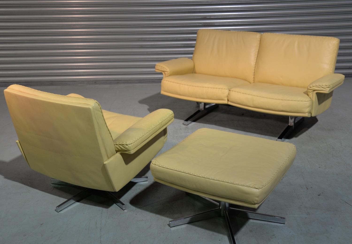 Mid-Century Modern Vintage De Sede DS 35 Two-Seat Loveseat and Swivel Armchair and Ottoman, 1970s For Sale