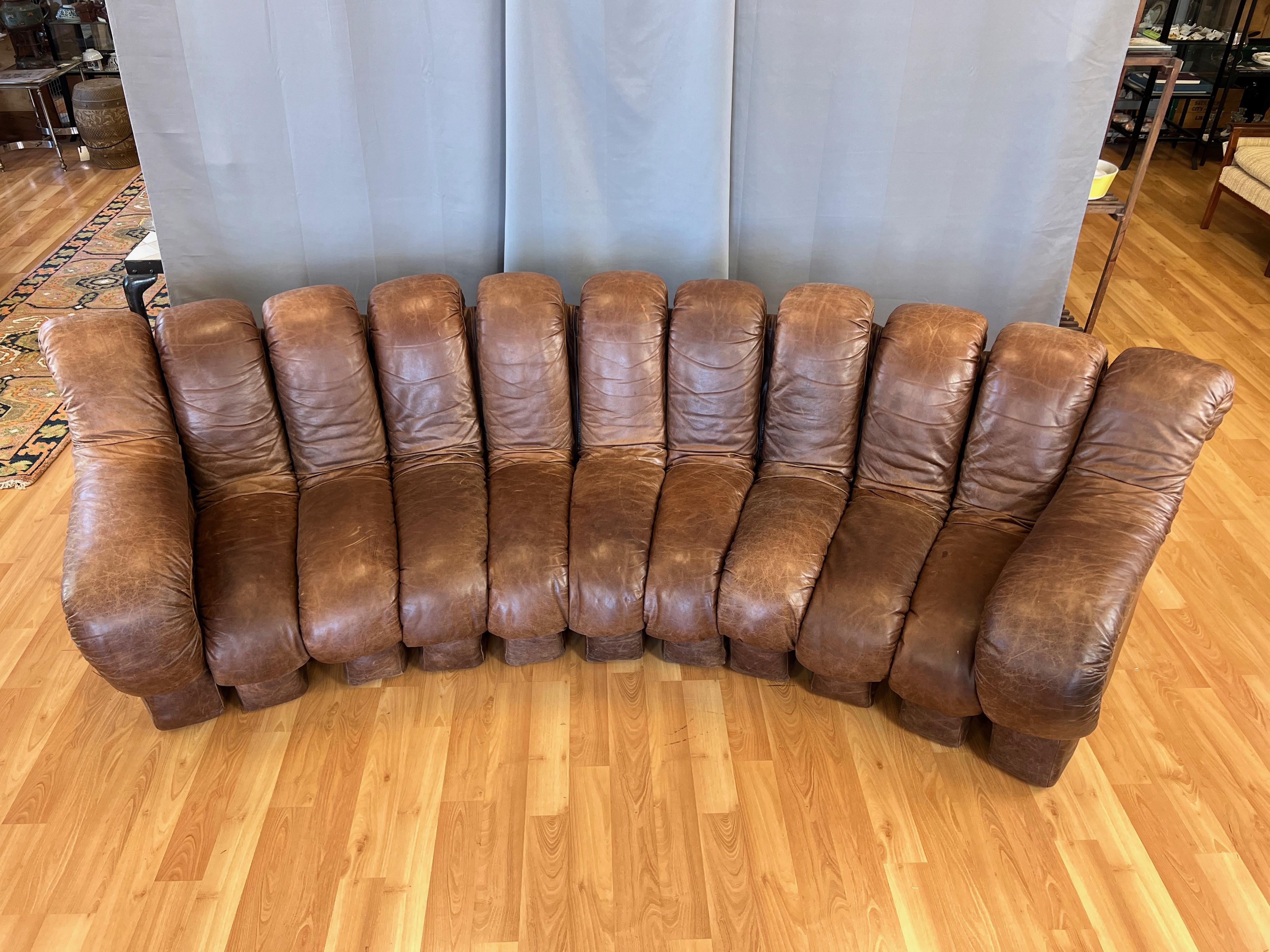 Mid-Century Modern Vintage De Sede DS-600 Snake Sofa with Eleven Elements in Brown Leather, 1970s