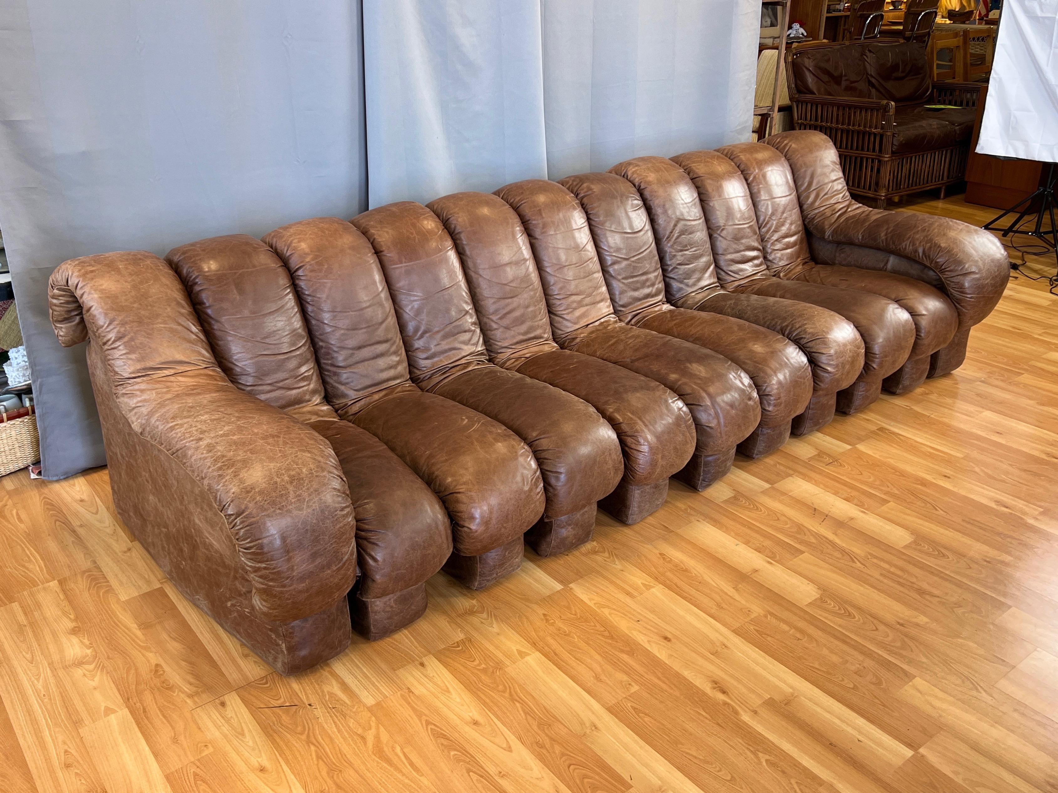 Metal Vintage De Sede DS-600 Snake Sofa with Eleven Elements in Brown Leather, 1970s