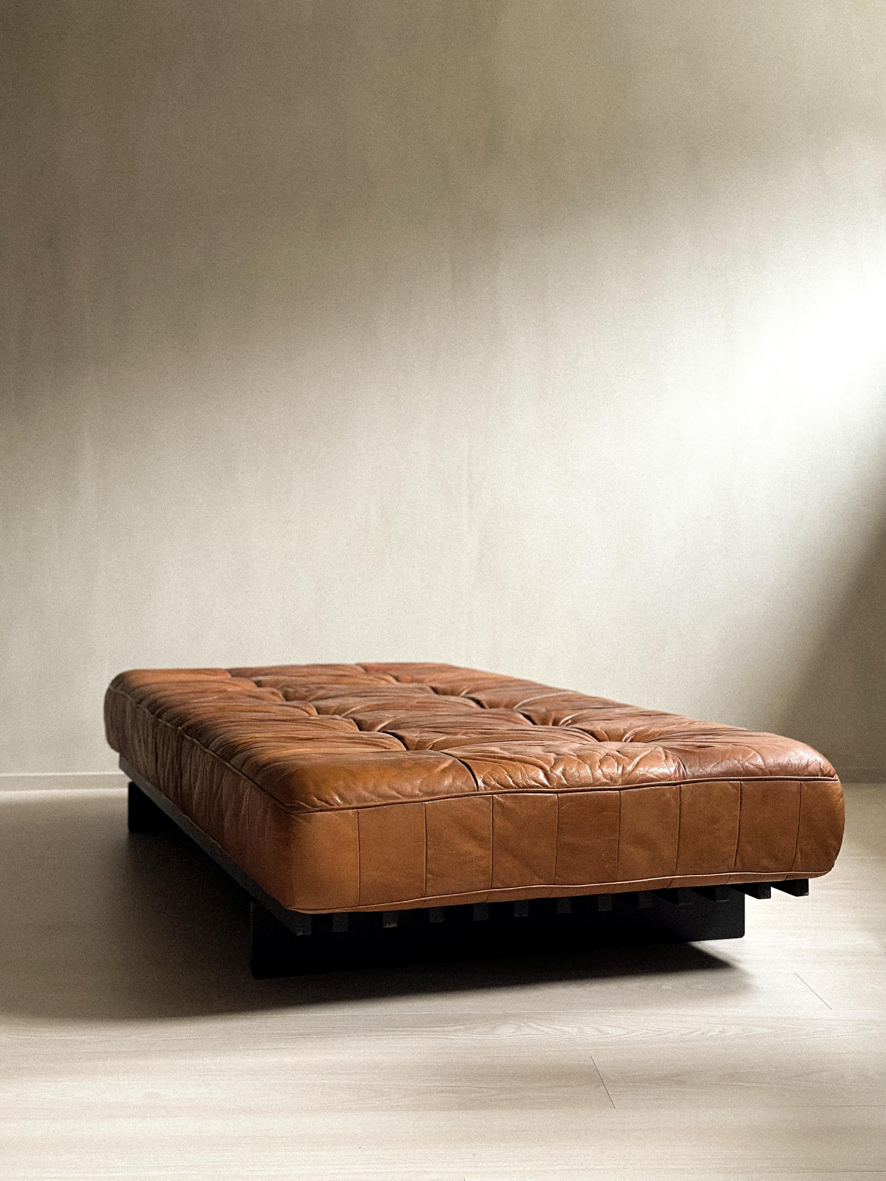 Mid-Century Modern Vintage De Sede DS80 Patchwork Daybed in cognac leather and ash, 1970s