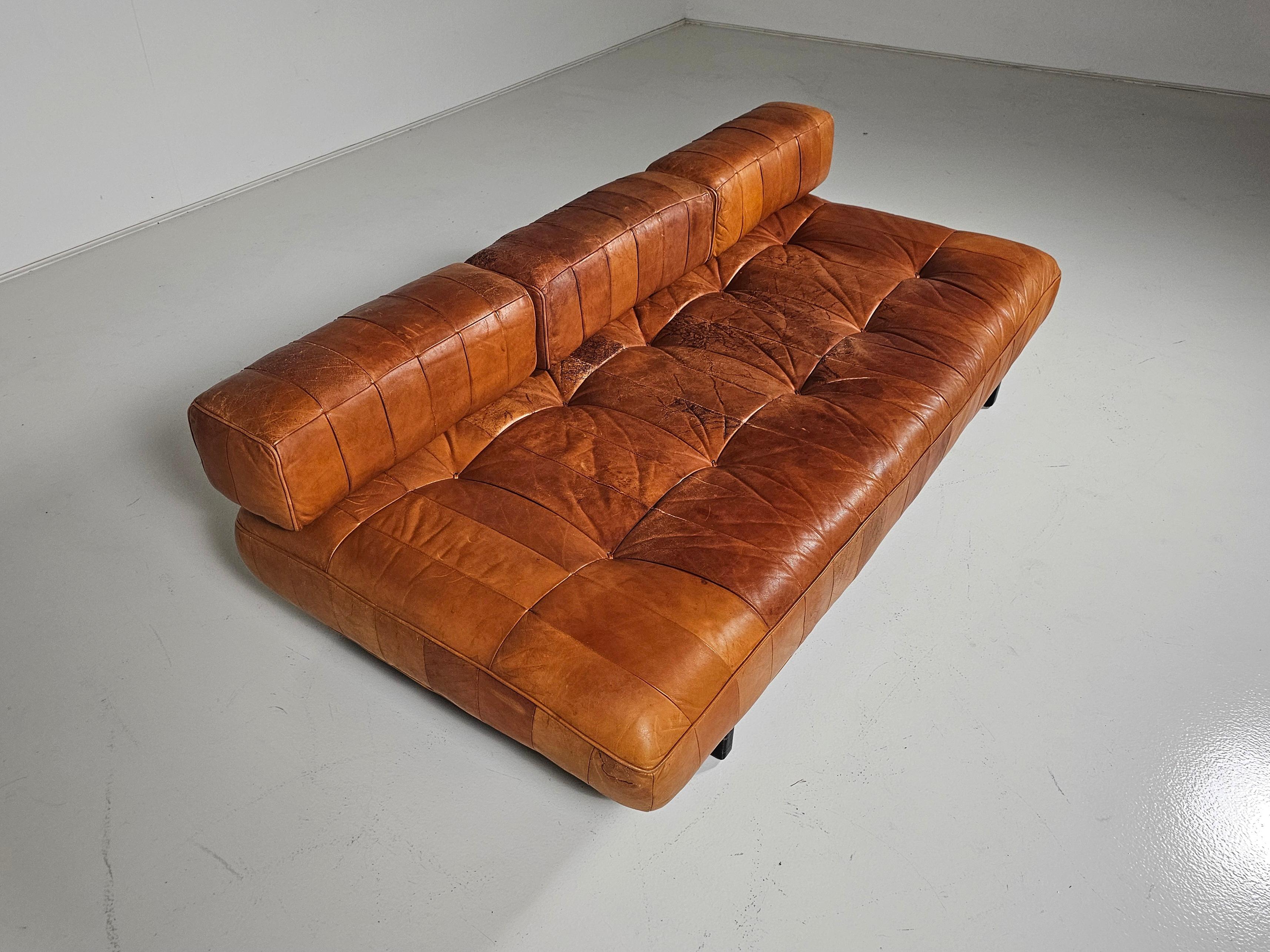 European Vintage De Sede DS80 Patchwork Daybed in cognac leather and ash, 1970s For Sale
