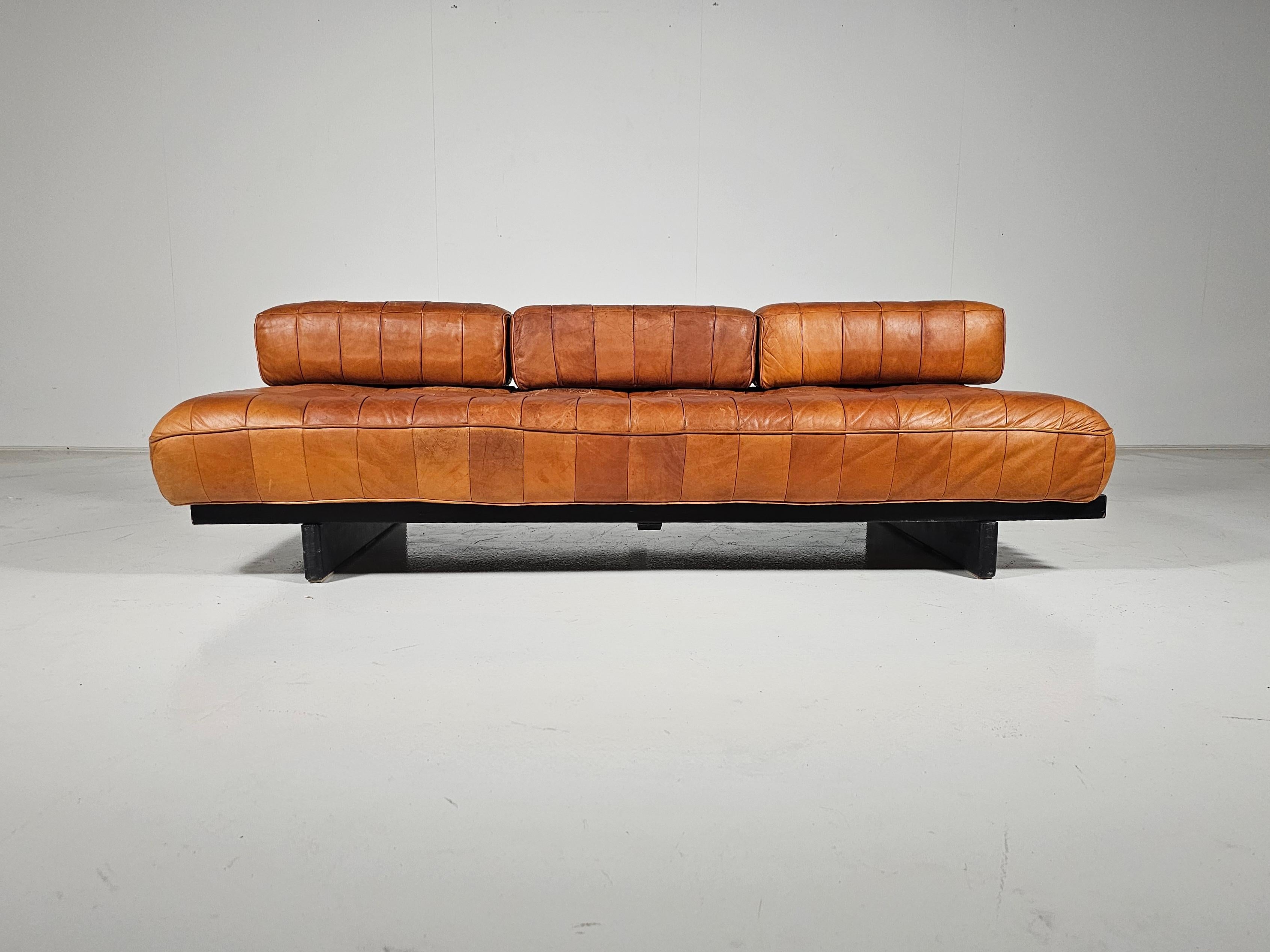 Late 20th Century Vintage De Sede DS80 Patchwork Daybed in cognac leather and ash, 1970s For Sale