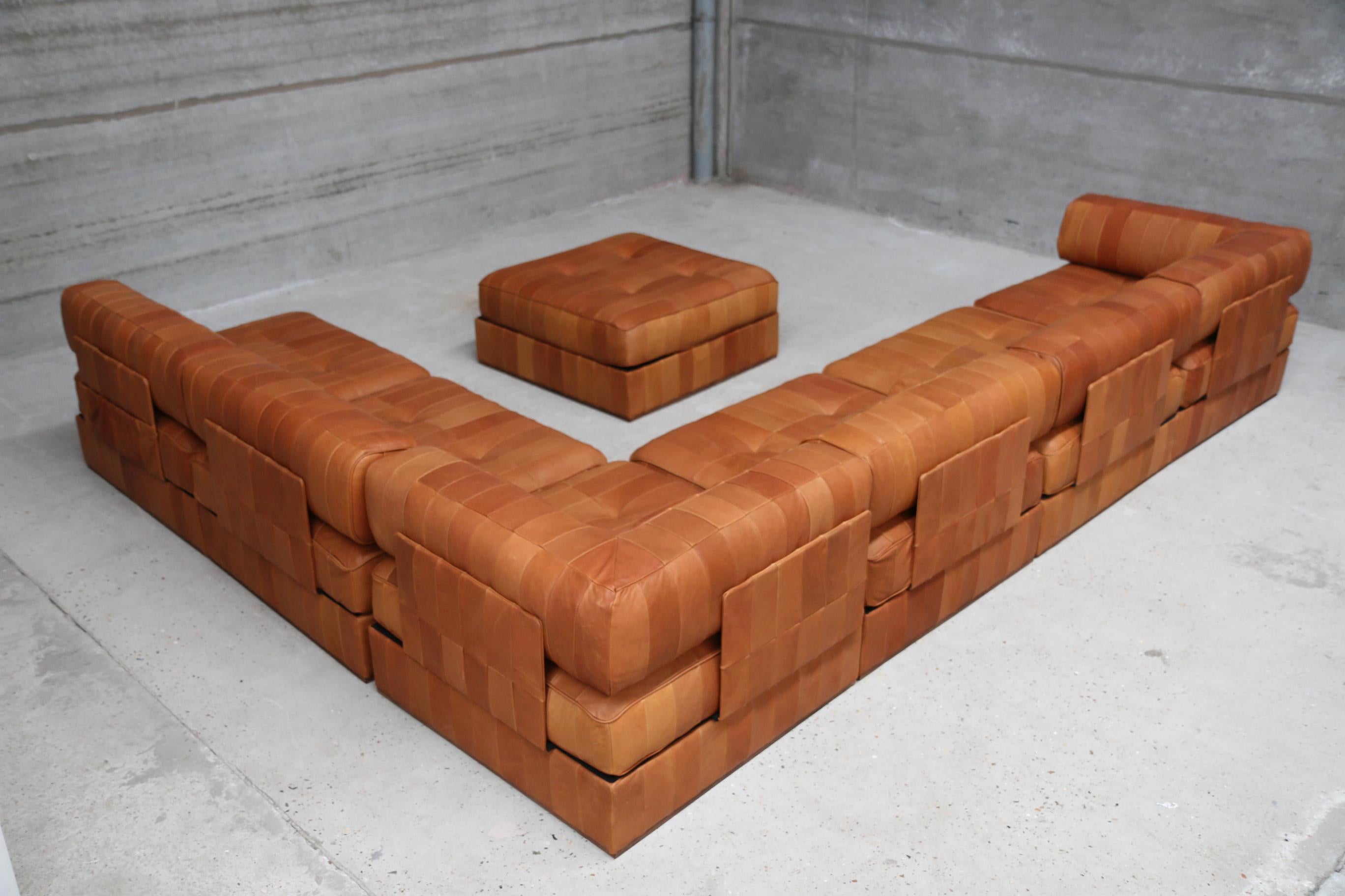 Iconic ds88 modular patchwork sofa restored in our signature vintage aniline leather. New quality foam and new leather. You can play with the modular composition of the sofa. This set consists of 7 modules, 4 normal modules and 2 corner L modules
