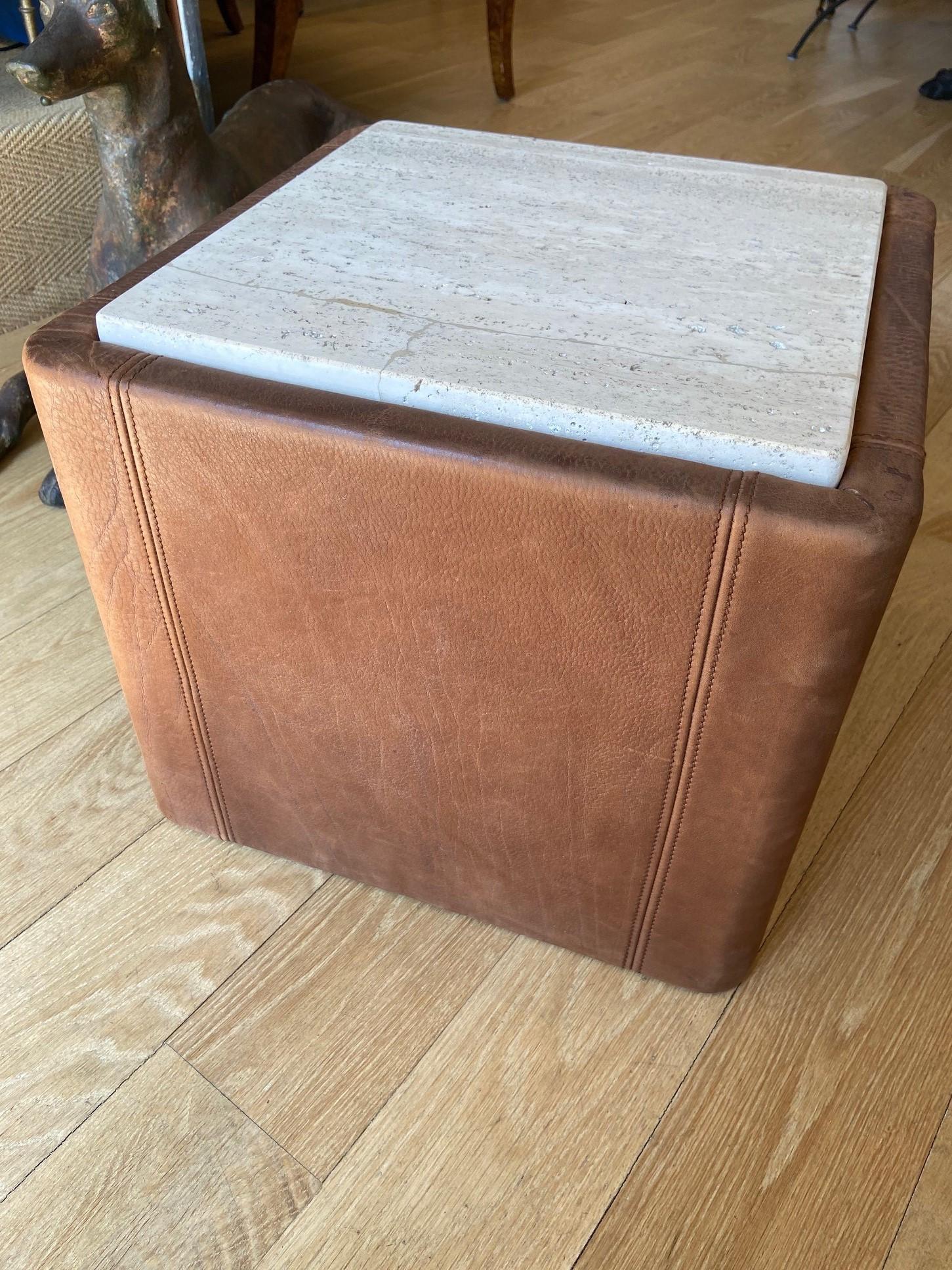 De Sede vintage side tables, structure furnished with chocolate colored leather with polished travertine top.