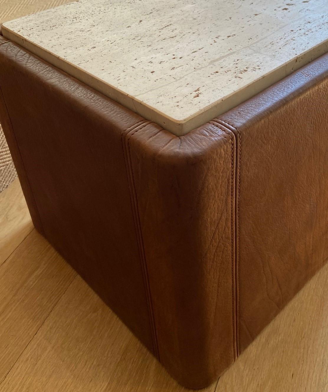 Hand-Crafted Vintage De Sede Leather & Travertine Pair of Side Table For Sale