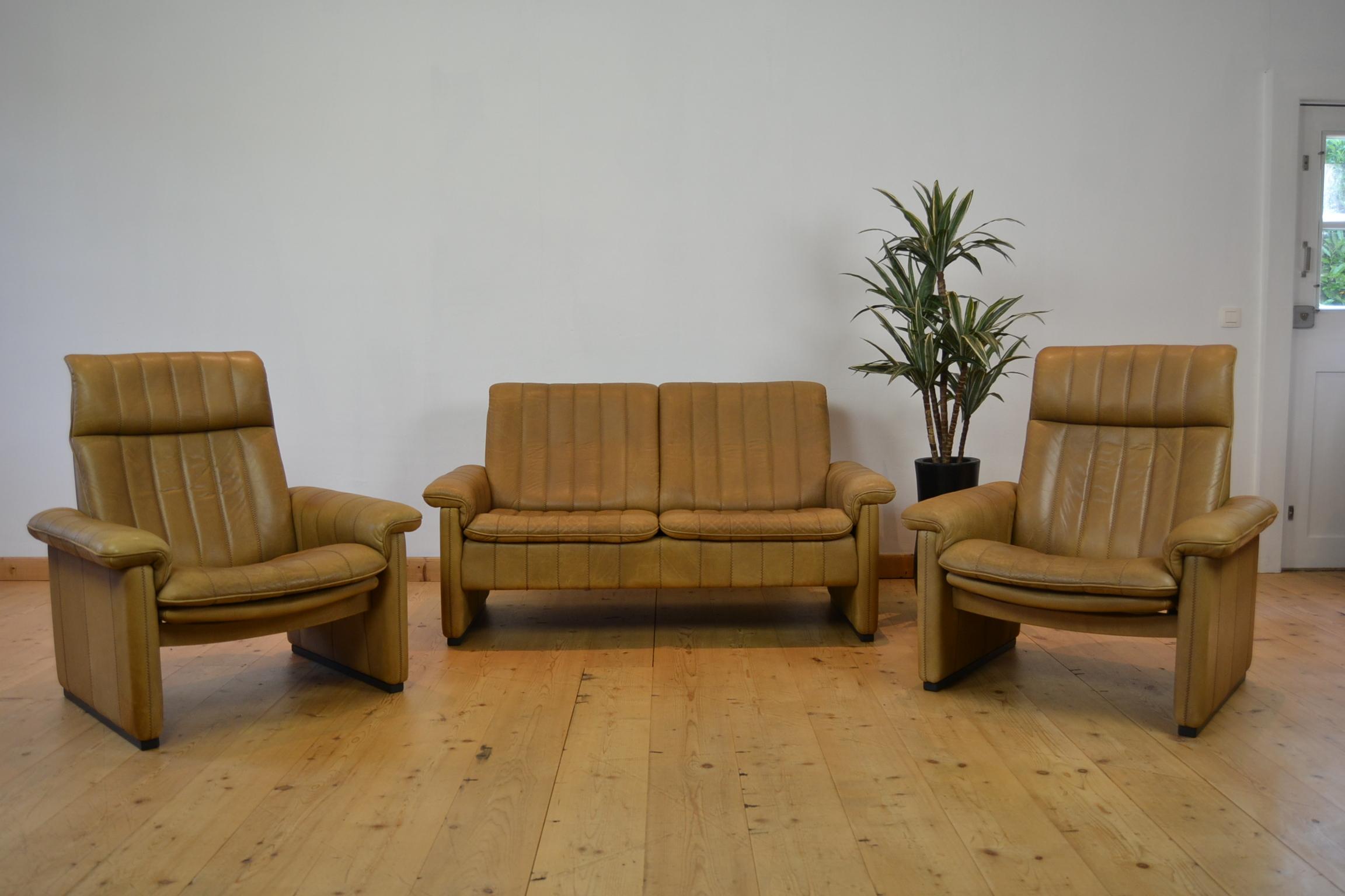 Vintage De Sede Living Room Set, 2 Lounge Chairs and Sofa, Brown Leather 14