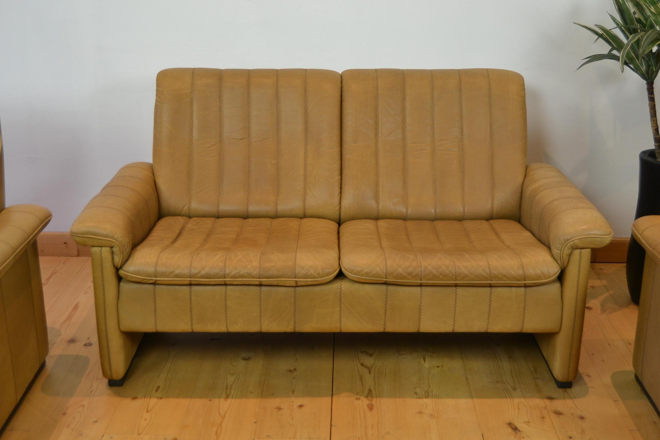 Mid-Century Modern Vintage De Sede Living Room Set, 2 Lounge Chairs and Sofa, Brown Leather