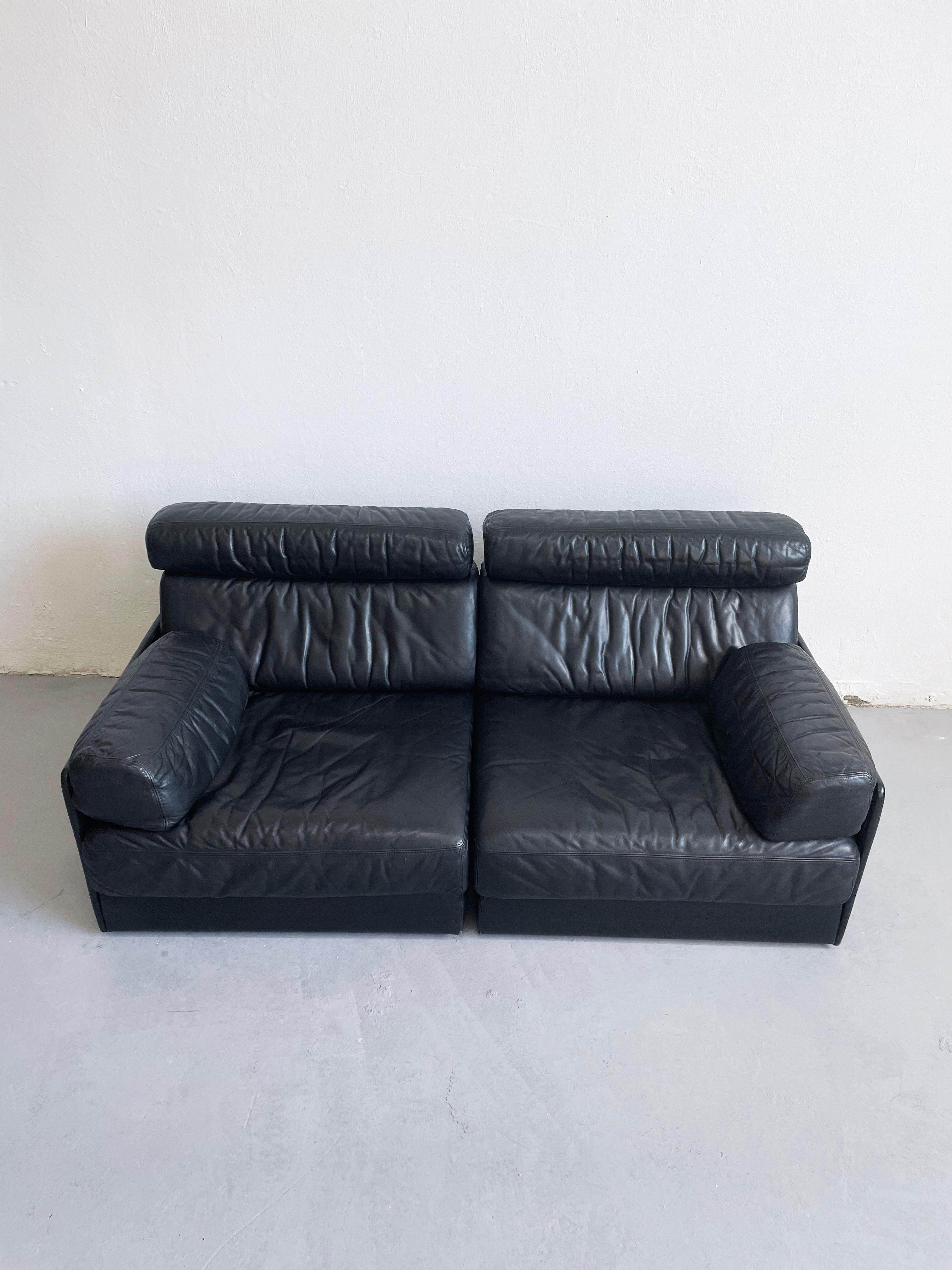 Swiss Vintage De Sede Modular Two Seater 'DS-77' Sofa Bed in Black Leather
