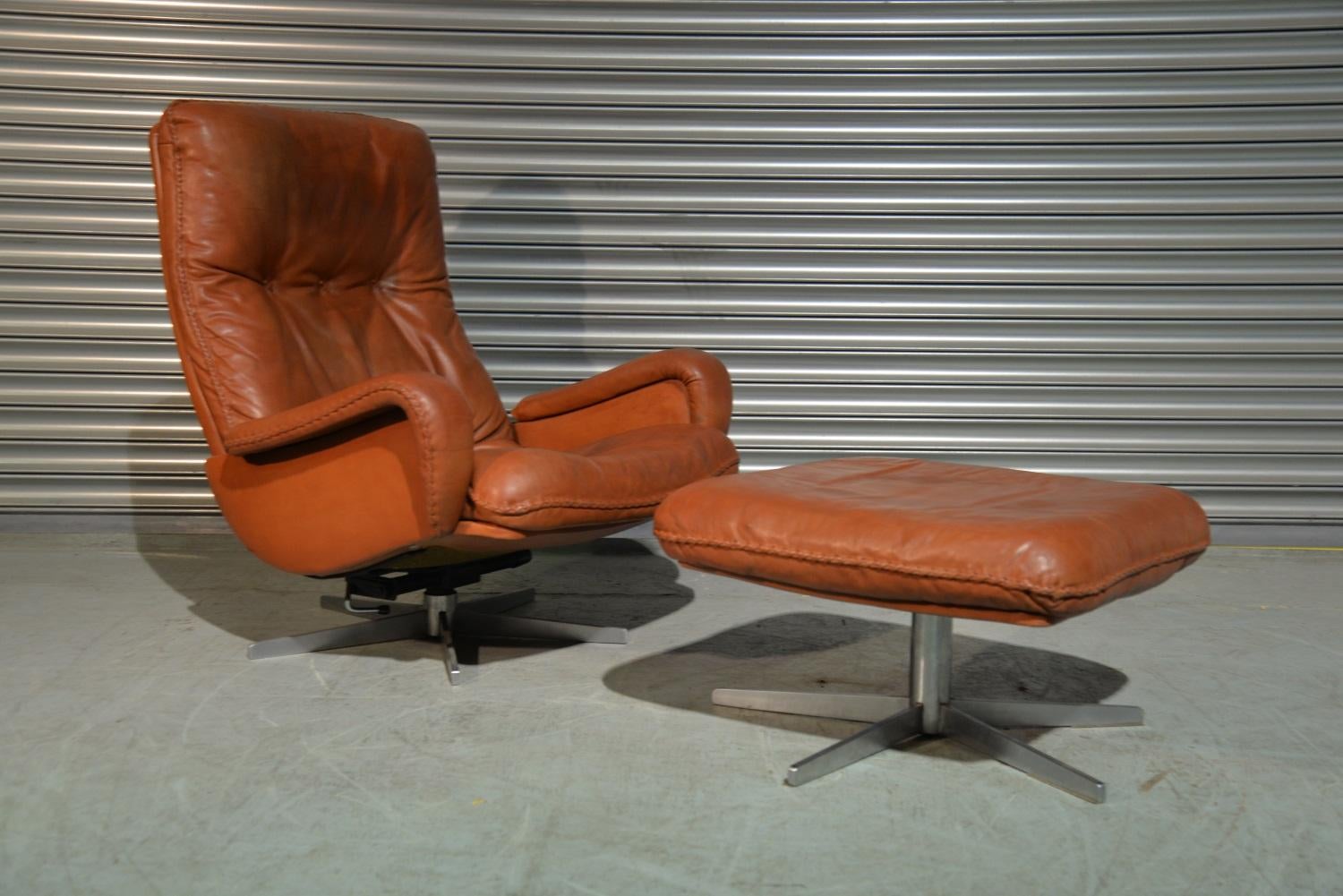 Chrome Vintage De Sede S 231 James Bond Swivel Lounge Armchair with Ottoman, 1960s For Sale