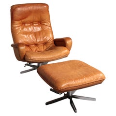 Vintage De Sede S 231 Sillón y otomana de cuero, Suiza Años 60