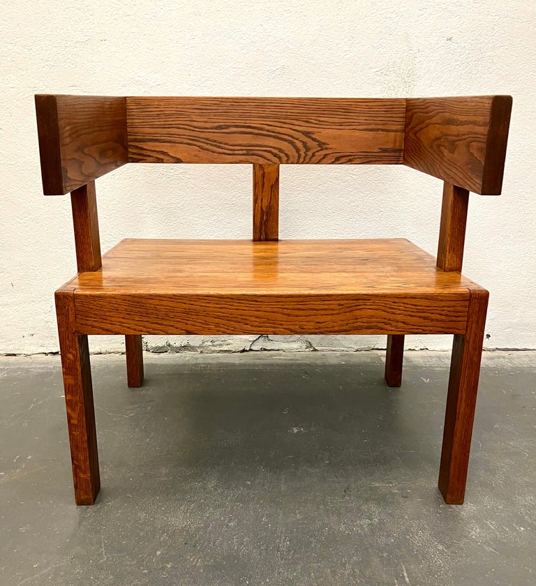 Interesting architectural rectilinear design employing solid quarter sawn oak, circa 1960s. Possibly European due to the use of French Oak, and the unusual, Neo-rationalist form. Constructed entirely in dove joinery by a master woodwooker. A