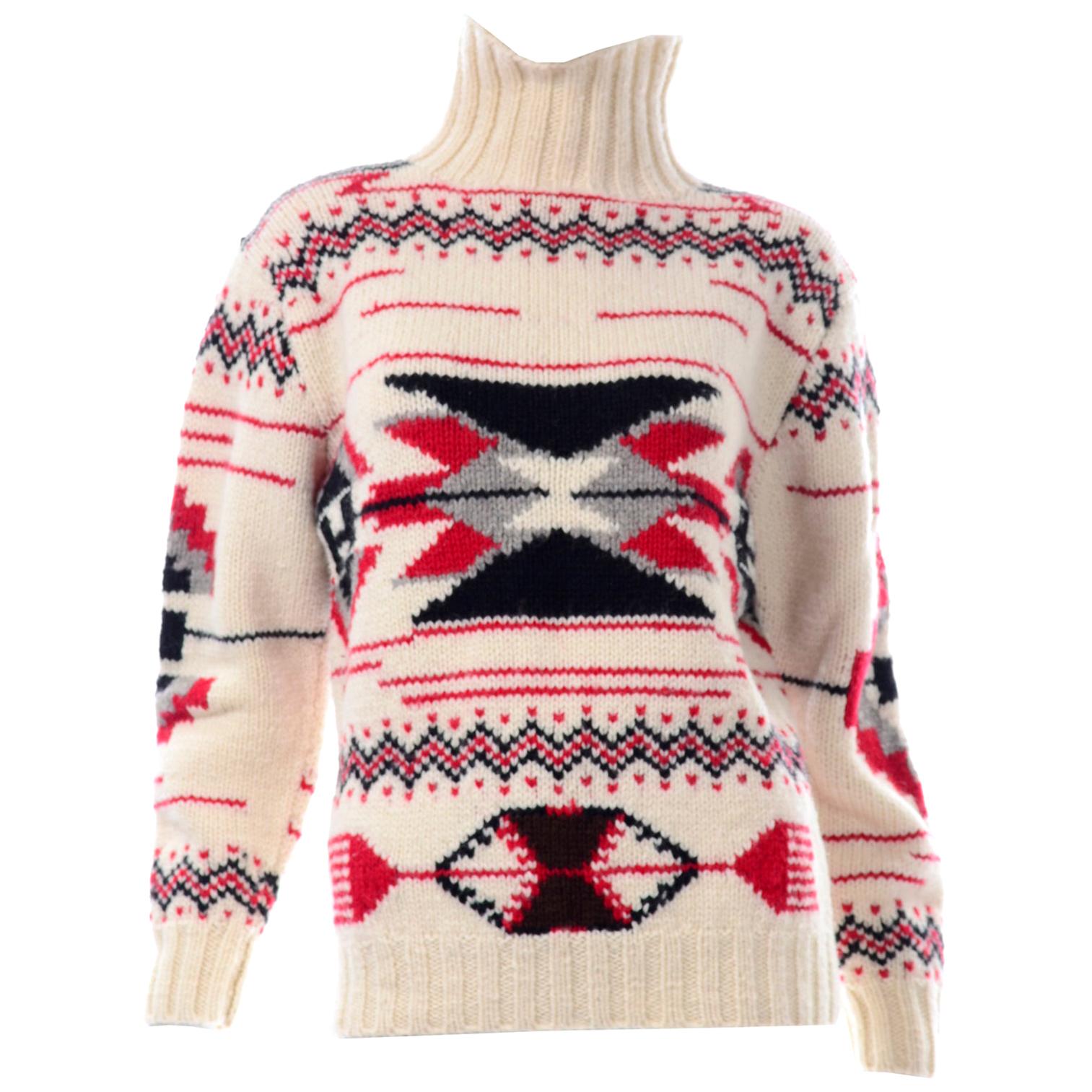 Vintage Deadstock Ralph Lauren Hand Knit Wool Jumper in Cream Red Grey and  Black For Sale at 1stDibs