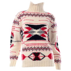 Vintage Deadstock Ralph Lauren Hand Knit Wool Sweater in Cream Red Gray & Black