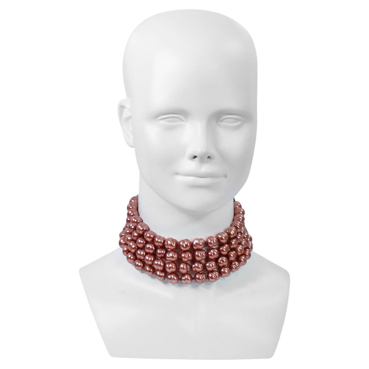 Vintage Deanna Hamro Dusty Rose Pearl Choker. Four rows Of Dusty Rose Pearls on Gold Bars with Pearls with Long Chain and Dangling Pearl. Always a Chic Choker.  Could be worn looser so not tight around Neck.  May need additional Chain dependent on