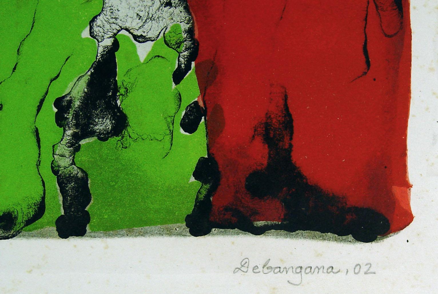A colorful abstract lithograph by Debangana Banerjee from India. Signed artist proof in pencil lower margin. Unframed, edge wear, minor foxing in margins.
