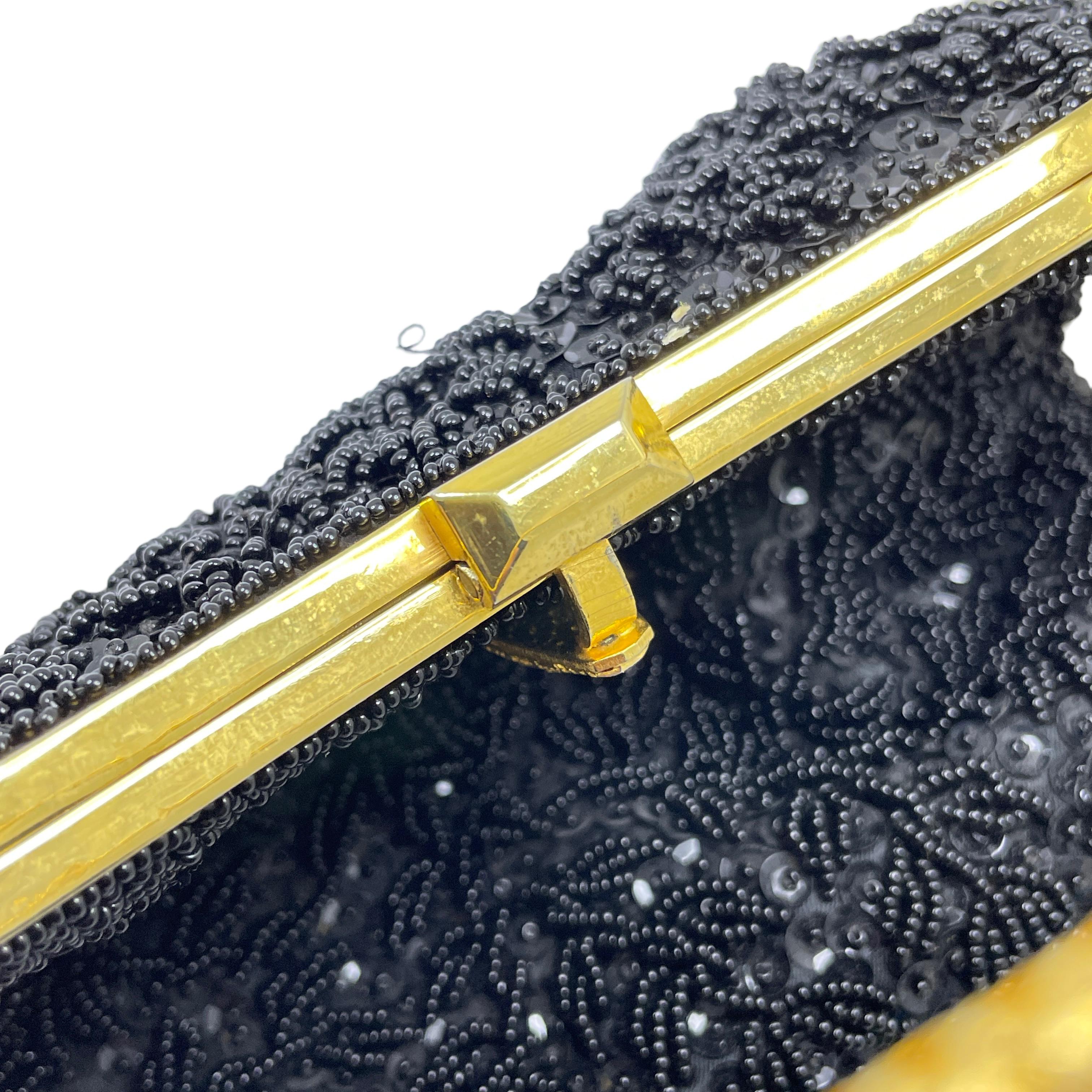 Black Vintage DEBBIE gold metal black beaded designer purse evening bag For Sale