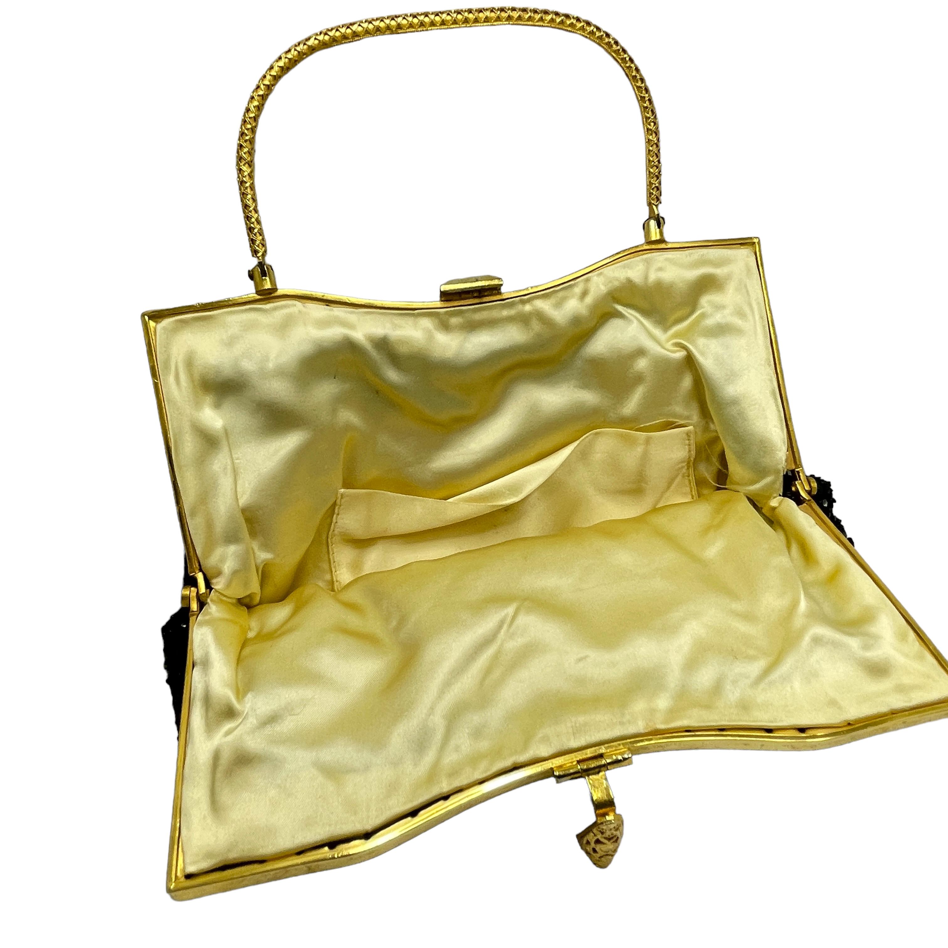 Vintage DEBBIE gold metal black beaded designer purse evening bag For Sale 1