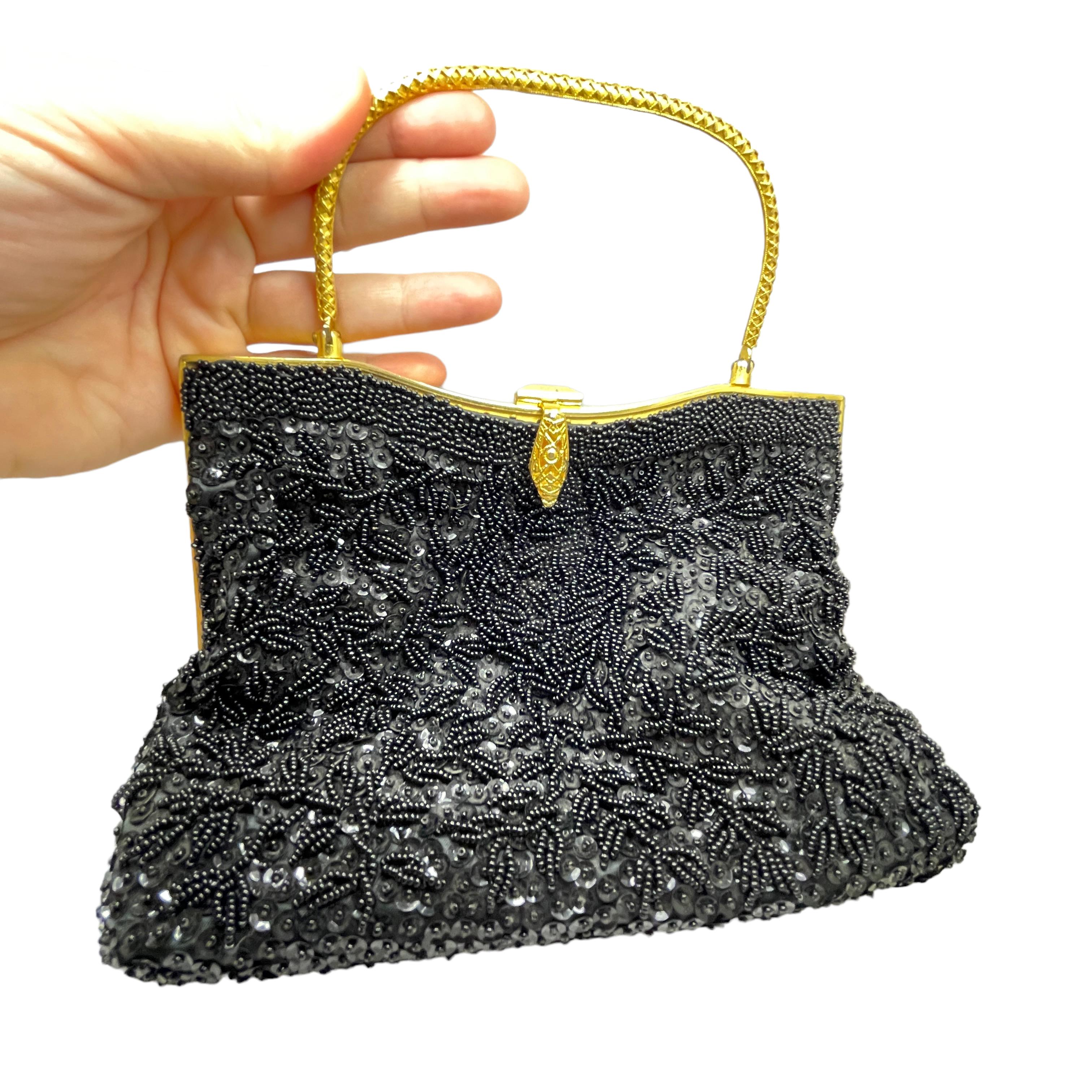 Vintage DEBBIE gold metal black beaded designer purse evening bag For Sale 3