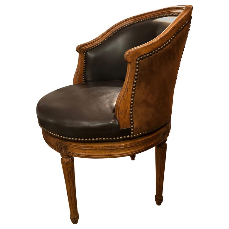 Vintage Debonair Black Leather and Brown Suede Barrel Swivel Chair at