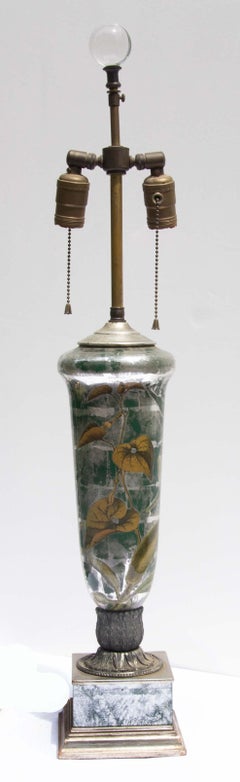 Vintage Decalcomania Lamp Silver Leaf and Botanical Vines, Circa 1960's