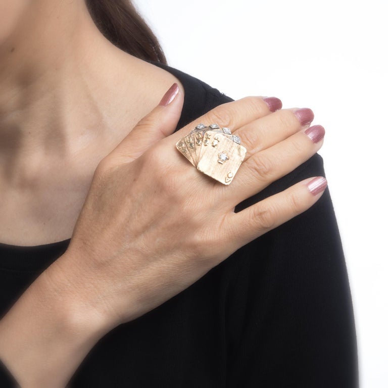 Vintage Deck of Cards Ring Royal Flush 14 Karat Gold Diamond Poker