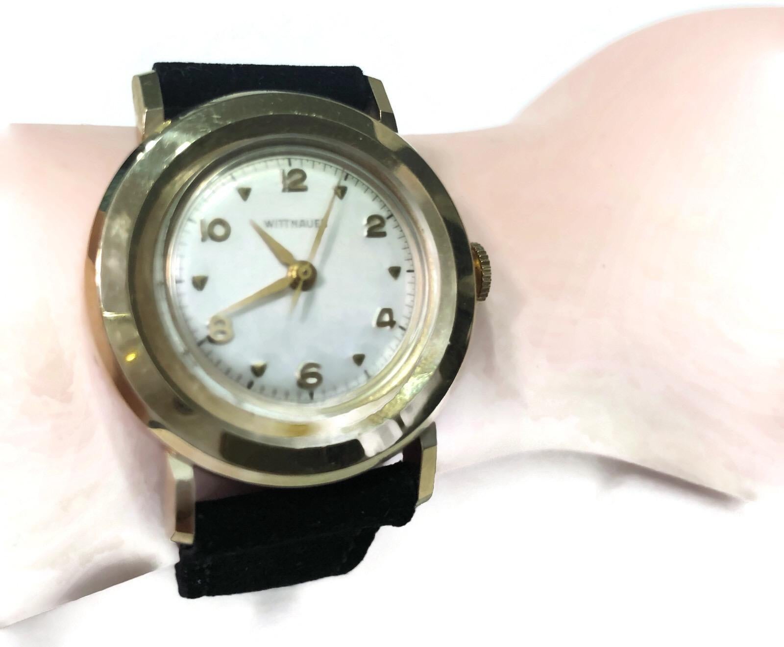 Women's or Men's Vintage Deco 14 Karat Gold Wittnauer Automatic Watch with Original Suede Band For Sale